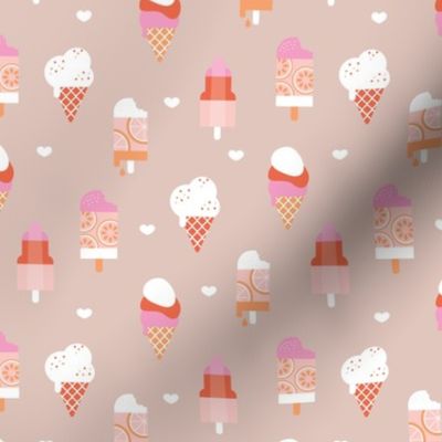 Colorful sweet summer ice cream popsicle sugar cone kids food illustration latte beige coral pink peach