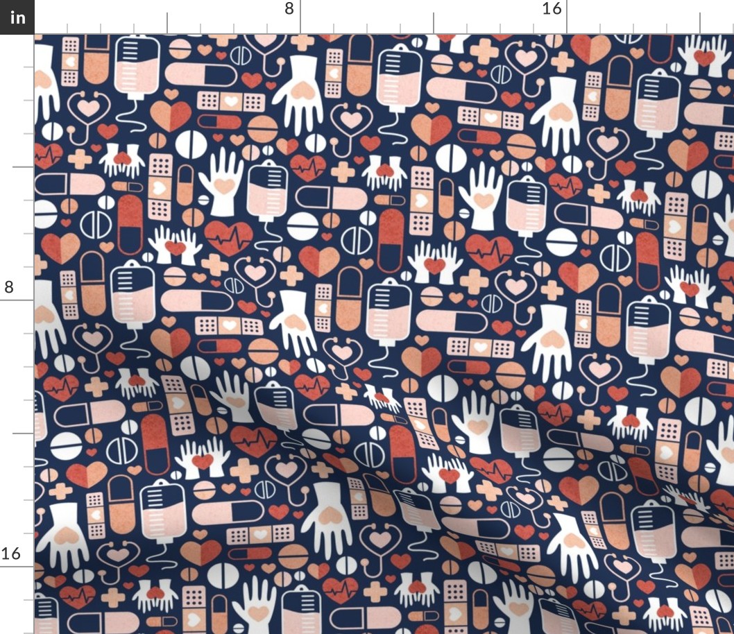 Small scale // Keep safe be healthy // navy blue background coral white and orange medicine elements