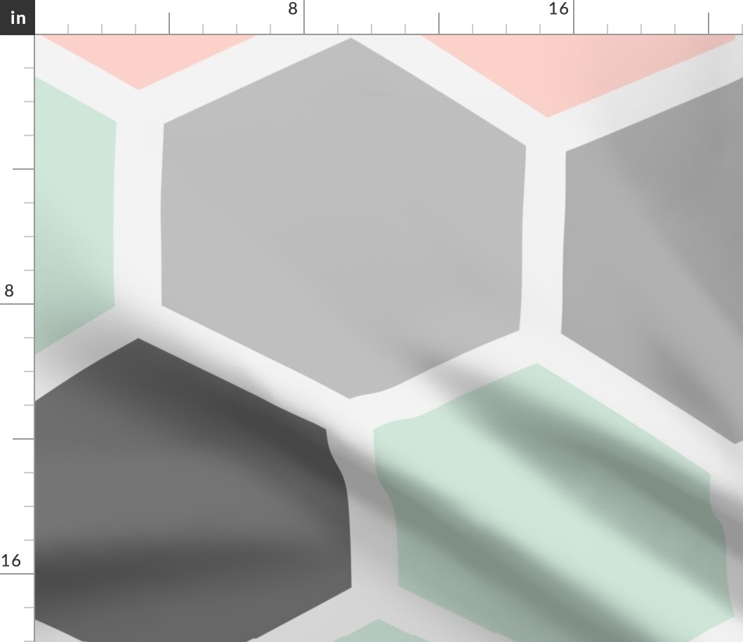 20-05z Jumbo Hexagon Quilt Panel Mint Gray Blush Pink