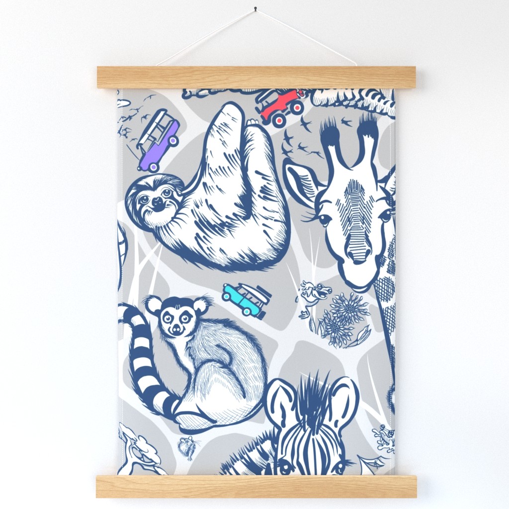 Line Art Safari Wallpaper Adventure | Deep Dusty Blue