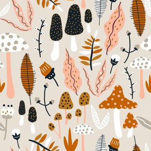 Autumn pattern with mushrooms, leaves, branches