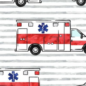(jumbo scale) watercolor ambulances on grey stripes - EMS EMT star of life - LAD20