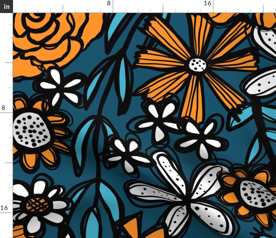 Teal and Orange Blooms (Large Scale)