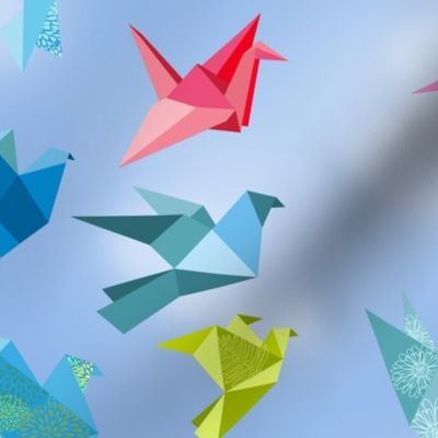origami birds in flight clouds 