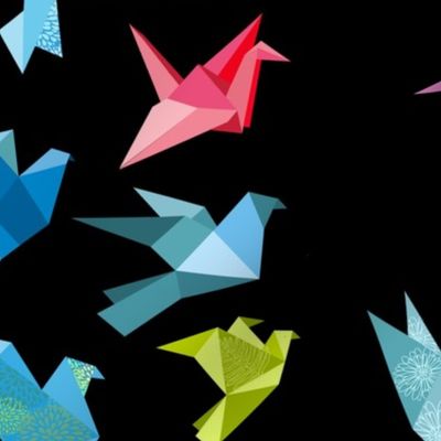 origami birds in flight black plain