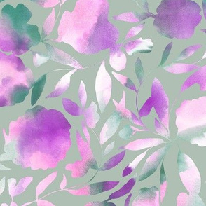 Watercolor papercut floral purple green large scale