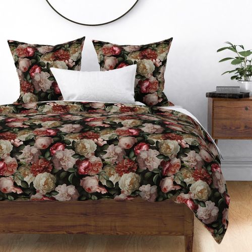 Large- Dramatic Glamour Vintage Summer Dark Night Romanticism:  Maximalism Moody Florals- Antiqued Pink And Cream Jan Davidsz. de Heem Roses Bouquets With Fern Leaves Nostalgic - Gothic Mystic Night-  Antique Botany Wallpaper and Victorian Goth M