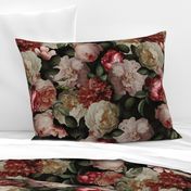 Large- Dramatic Glamour Vintage Summer Dark Night Romanticism:  Maximalism Moody Florals- Antiqued Pink And Cream Jan Davidsz. de Heem Roses Bouquets With Fern Leaves Nostalgic - Gothic Mystic Night-  Antique Botany Wallpaper and Victorian Goth M