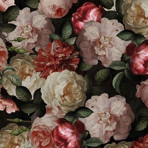Large- Vintage Summer Dark Night Romanticism:  Maximalism Moody Florals- Antiqued Pink And Cream Jan Davidsz. de Heem Roses Bouquets With Fern Leaves Nostalgic - Gothic Mystic Night-  Antique Botany Wallpaper and Victorian Goth Mystic inspired