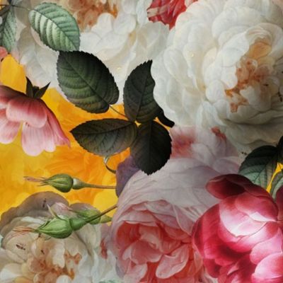  Vintage Summer  Romanticism:  Maximalism Moody Florals- Antiqued Pink And White Jan Davidsz. de Heem Roses Bouquets With Fern Leaves Nostalgic - Gothic Mystic Night-  Antique Botany Wallpaper and Victorian Goth Mystic inspired - yellow backgrou