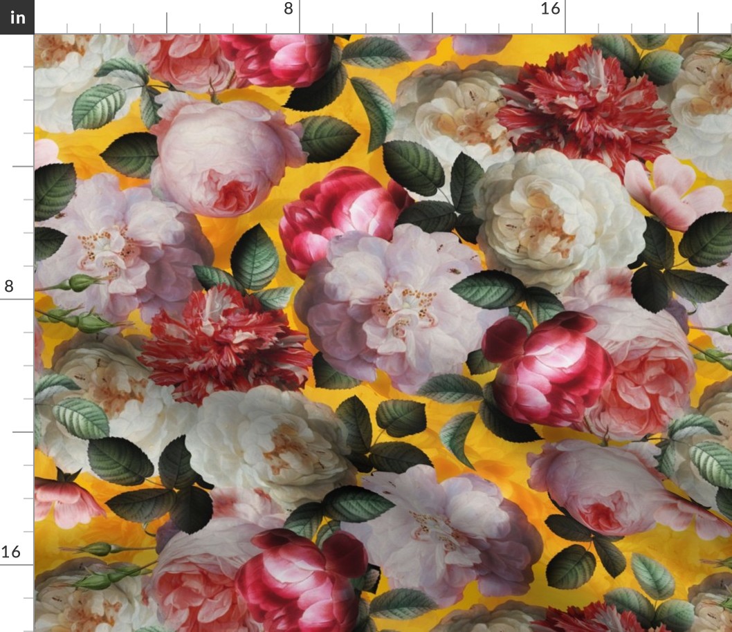  Vintage Summer  Romanticism:  Maximalism Moody Florals- Antiqued Pink And White Jan Davidsz. de Heem Roses Bouquets With Fern Leaves Nostalgic - Gothic Mystic Night-  Antique Botany Wallpaper and Victorian Goth Mystic inspired - yellow backgrou
