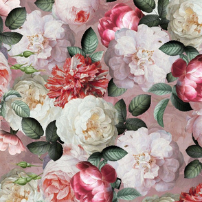 Large  Vintage Summer  Romanticism:  Maximalism Moody Florals- Antiqued Pink And White Jan Davidsz. de Heem Roses Bouquets With Fern Leaves Nostalgic - Gothic Mystic Night-  Antique Botany Wallpaper and Victorian Goth Mystic inspired - pink back