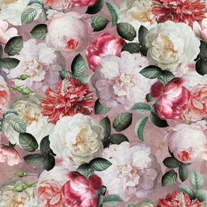 Small -  Vintage Summer Dark Night Romanticism:  Maximalism Moody Florals- Antiqued Pink And White Jan Davidsz. de Heem Roses Bouquets With Fern Leaves Nostalgic - Gothic Mystic Night-  Antique Botany Wallpaper and Victorian Goth Mystic inspired - pink ba