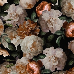 Large - Vintage Summer Dark Night Romanticism:  Maximalism Moody Florals- Antiqued Gold And Cream Jan Davidsz. de Heem Roses Bouquets With Fern Leaves Nostalgic - Gothic Mystic Night-  Antique Botany Wallpaper and Victorian Goth Mystic inspired 