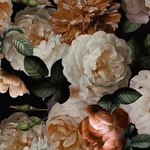 Vintage Summer Dark Night Romanticism:  Maximalism Moody Florals- Antiqued Gold And Cream Jan Davidsz. de Heem Roses Bouquets With Fern Leaves Nostalgic - Gothic Mystic Night-  Antique Botany Wallpaper and Victorian Goth Mystic inspired 