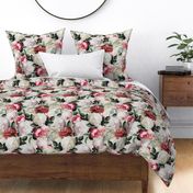 Vintage Summer  Romanticism:  Maximalism Moody Florals- Antiqued Red And White Jan Davidsz. de Heem Roses Bouquets With Fern Leaves Nostalgic - Gothic Mystic Night-  Antique Botany Wallpaper and Victorian Goth Mystic inspired