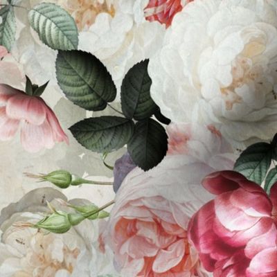 Vintage Summer  Romanticism:  Maximalism Moody Florals- Antiqued Red And White Jan Davidsz. de Heem Roses Bouquets With Fern Leaves Nostalgic - Gothic Mystic Night-  Antique Botany Wallpaper and Victorian Goth Mystic inspired