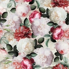 Vintage Summer  Romanticism:  Maximalism Moody Florals- Antiqued Red And White Jan Davidsz. de Heem Roses Bouquets With Fern Leaves Nostalgic - Gothic Mystic Night-  Antique Botany Wallpaper and Victorian Goth Mystic inspired