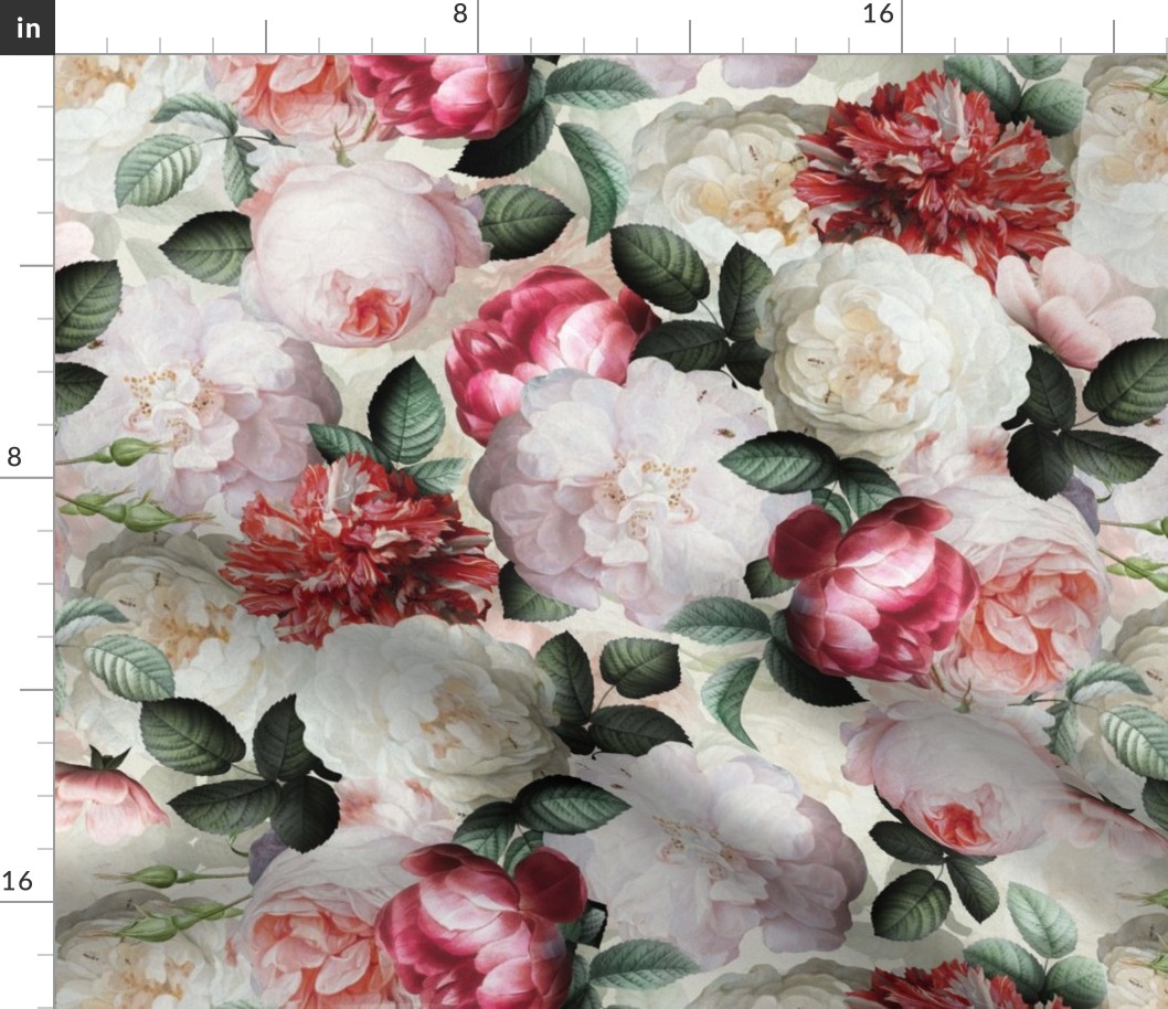 Vintage Summer  Romanticism:  Maximalism Moody Florals- Antiqued Red And White Jan Davidsz. de Heem Roses Bouquets With Fern Leaves Nostalgic - Gothic Mystic Night-  Antique Botany Wallpaper and Victorian Goth Mystic inspired