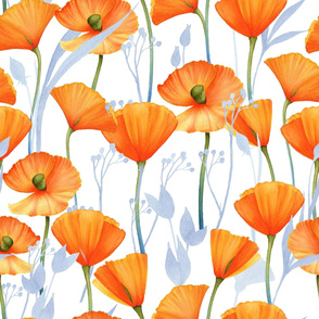 24" Orange Hand drawn watercolor California   Poppy Meadow  -orange poppies, summer wildflowers, meadow flowers