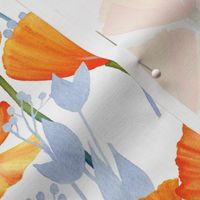 12" Orange Hand drawn watercolor California  Poppy Meadow  -orange poppies, summer wildflowers, meadow flowers