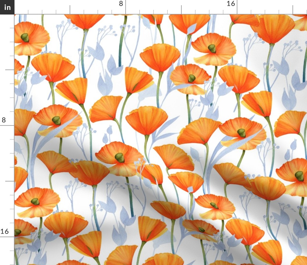 12" Orange Hand drawn watercolor California  Poppy Meadow  -orange poppies, summer wildflowers, meadow flowers