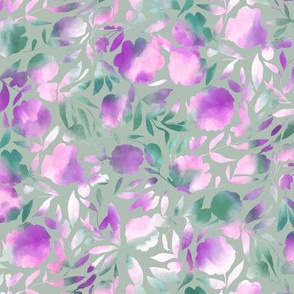 Watercolor Papercut floral purple green medium scale