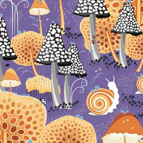 Fantastic micro world, Snails walking among fabulous mushrooms on a dark purple background