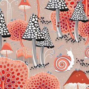 Fantastic micro world, Snails walking among fabulous mushrooms on a dark beige background