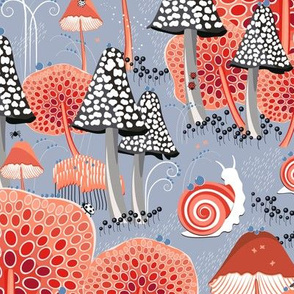 Fantastic micro world, Snails walking among fabulous mushrooms on a gray background