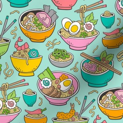 Noodles Ramen Food Pink on Mint Green