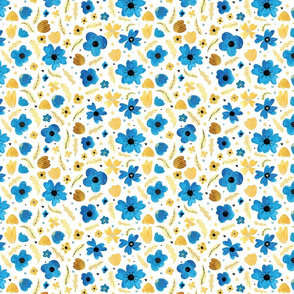 Gouache watercolor blue flowers sienna leaves modern pattern