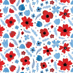 Gouache watercolor red flowers blue leaves modern pattern