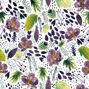 Watercolor orchid hand drawn floral pattern mauve and green