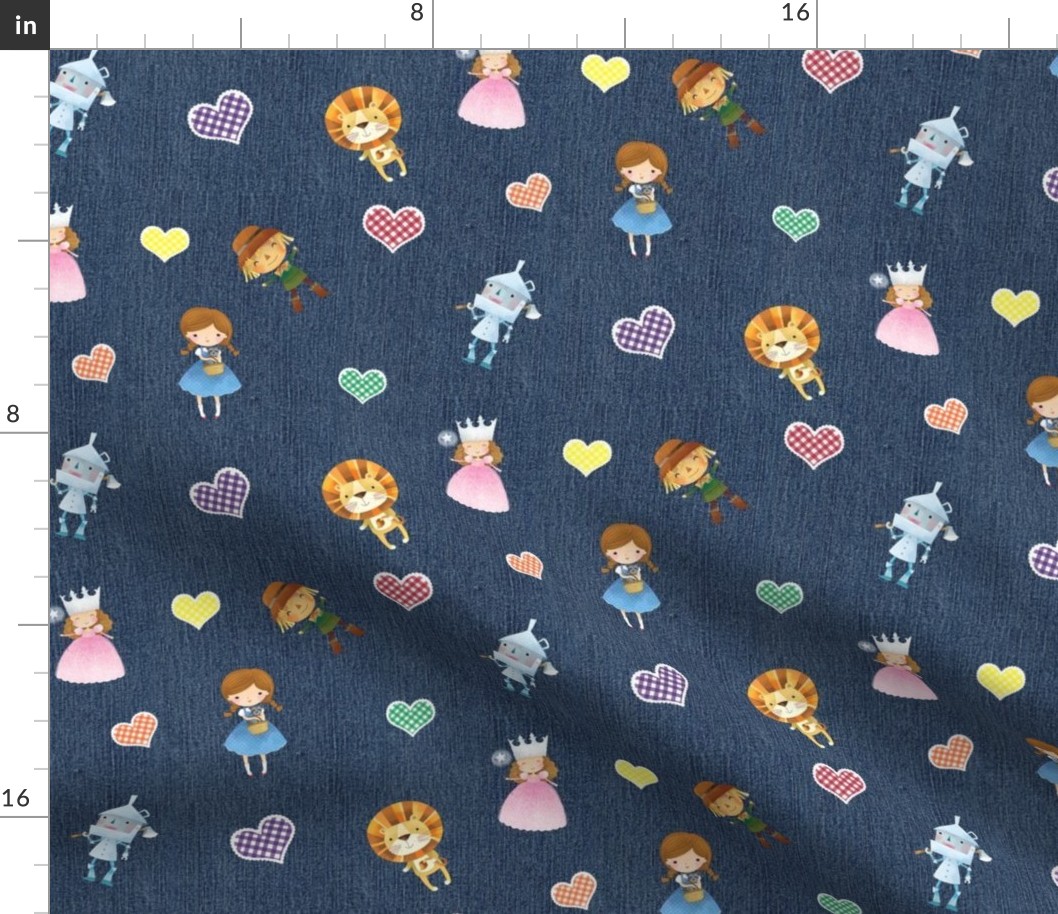 Wizard of Oz and Gingham Hearts on Blue Denim 