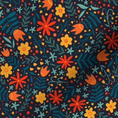 Bright Folk Floral - dark background - smaller scale