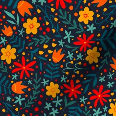 Bright Folk Floral - dark background - larger scale