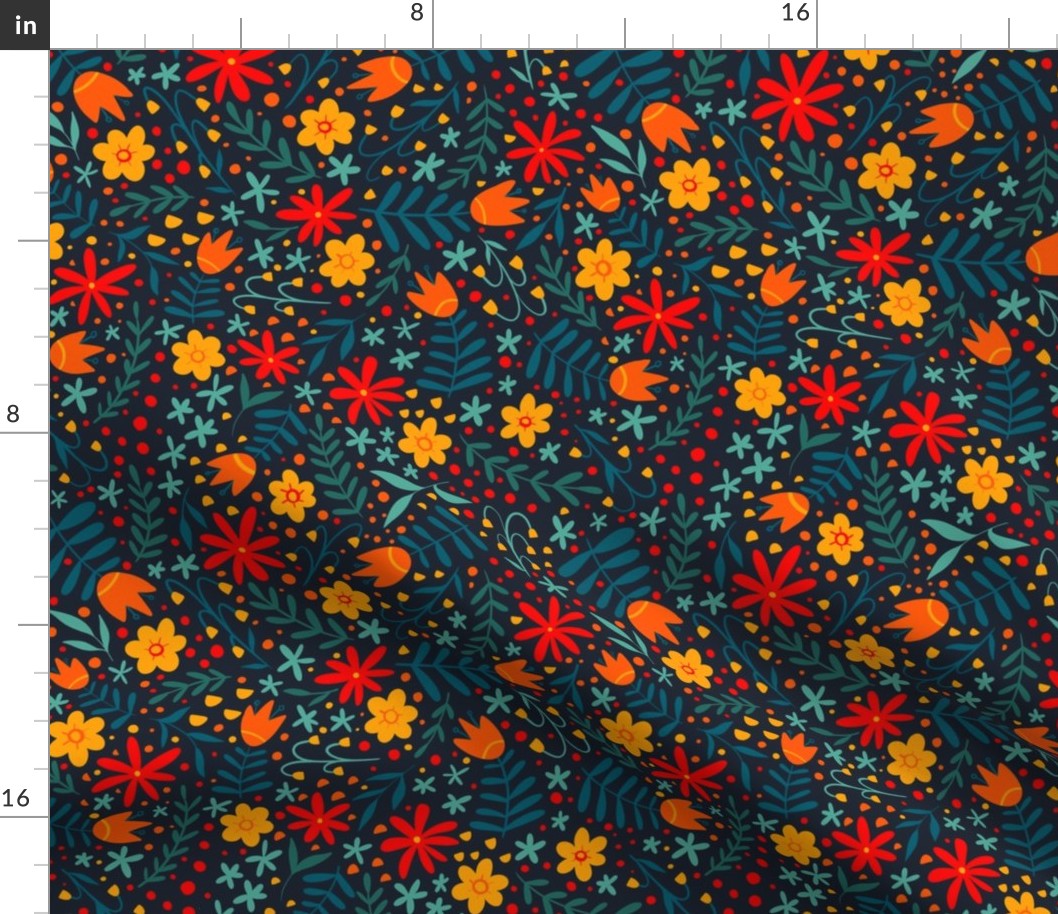 Bright Folk Floral - dark background - larger scale