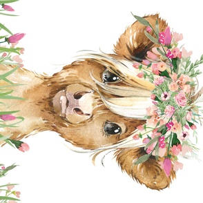 54x36" baby highland cow with grass and flowers and floral wreath