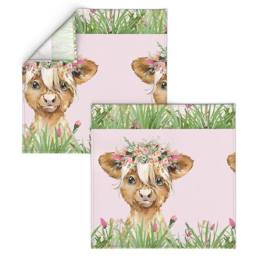 18x18" baby highland cow with grass and flowers  on light pink background