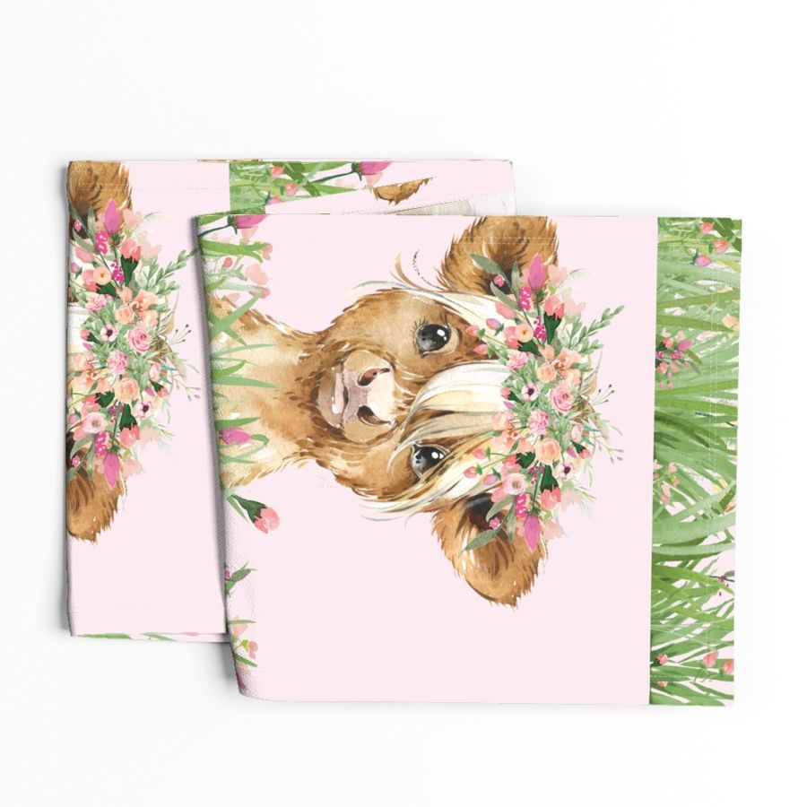 18x18" baby highland cow with grass and flowers  on light pink background