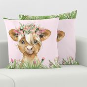 18x18" baby highland cow with grass and flowers  on light pink background