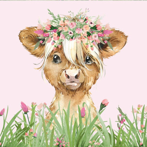 18x18" baby highland cow with grass and flowers  on light pink background