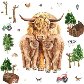 18x18" farm highland cow with twins 