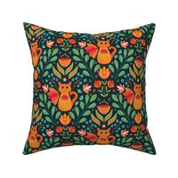 Orange Cat in the Forest, Folk Art Flowers, Happy Kittens Bright and Colorful