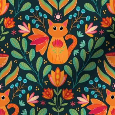 Orange Cat in the Forest, Folk Art Flowers, Happy Kittens Bright and Colorful