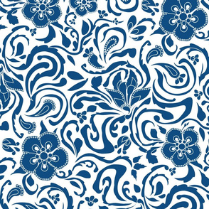 Floral Damask Large Classic Blue On White