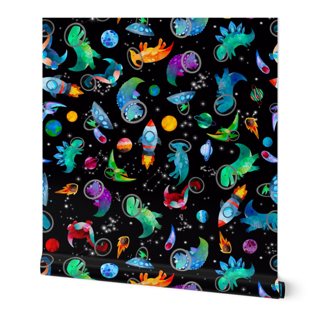 Medium Rotated -  Watercolor Colorful Space Dinosaur Astronauts Pattern