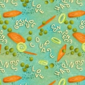 Motivational veggie Alphabet Soup with carrots, peas and leek