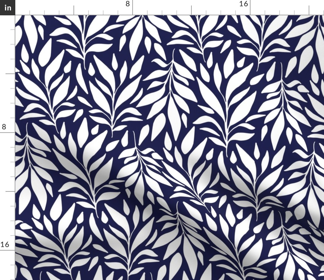 Botanical Navy White Leaves Fabric | Spoonflower